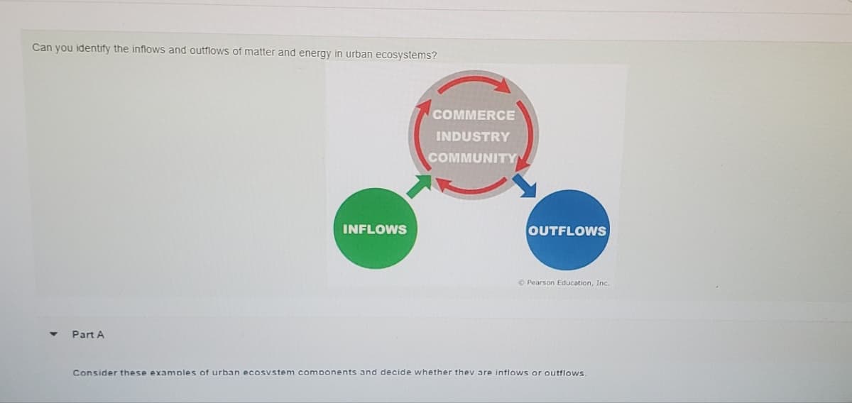 Can you identify the inflows and outflows of matter and energy in urban ecosystems?
Part A
INFLOWS
COMMERCE
INDUSTRY
COMMUNITY
OUTFLOWS
Pearson Education, Inc.
Consider these examples of urban ecosystem components and decide whether they are inflows or outflows.