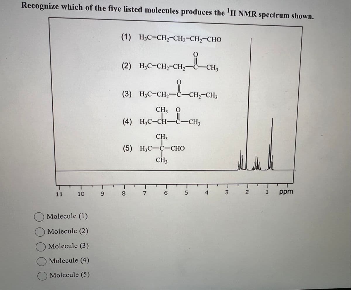 Recognize which of the five listed molecules produces the 'H NMR spectrum shown.
(1) HẠC-CH2-CH2-CH2-CHO
(2) H3C-CH2-CH2-
(3) H,C-CH-CH-CH,
CH3 O
(4) H3C-CH-
CH3
(5) HỌC−C−CHO
CH3
-CH3
11
10
Molecule (1)
Molecule (2)
Molecule (3)
Molecule (4)
Molecule (5)
6
8
7
6
5
4
3
2
1
ppm