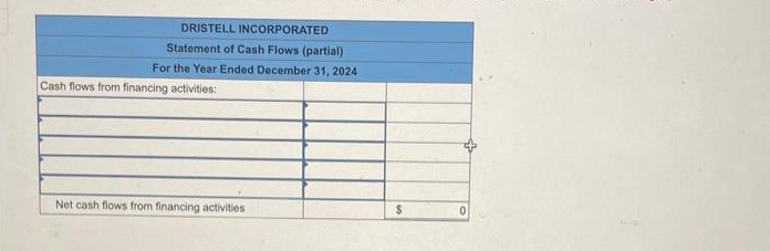 DRISTELL INCORPORATED
Statement of Cash Flows (partial)
For the Year Ended December 31, 2024
Cash flows from financing activities:
Net cash flows from financing activities
$