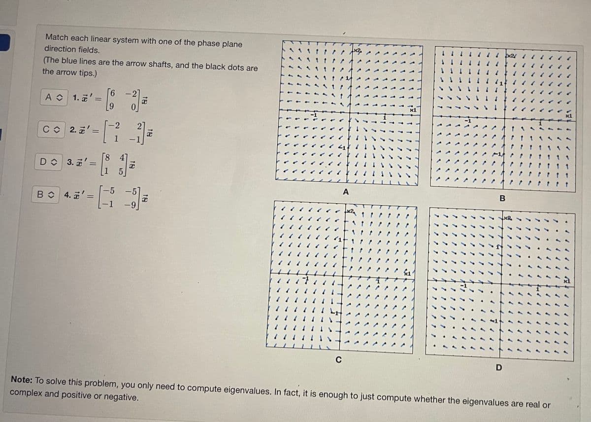 Match each linear system with one of the phase plane
direction fields.
(The blue lines are the arrow shafts, and the black dots are
the arrow tips.)
A 1. =
C 2.'=
1-[-
=
- [6
9
DC 3.' =
BC 4.' =
8
2
1
-5
-1
5
-1
-
x
-5
-9
x
=
C
A
x1
B
D
Note: To solve this problem, you only need to compute eigenvalues. In fact, it is enough to just compute whether the eigenvalues are real or
complex and positive or negative.