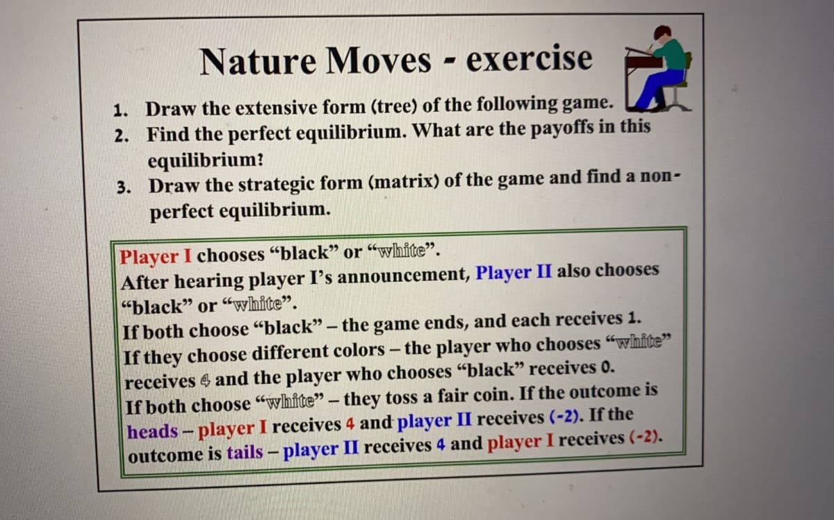 Nature Moves - exercise
1. Draw the extensive form (tree) of the following game.
2. Find the perfect equilibrium. What are the payoffs in this
equilibrium?
3. Draw the strategic form (matrix) of the game and find a non-
perfect equilibrium.
Player I chooses "black" or "white".
After hearing player I's announcement, Player II also chooses
"black" or "white".
If both choose "black" - the game ends, and each receives 1.
If they choose different colors - the player who chooses "white"
receives and the player who chooses "black" receives 0.
If both choose "white" - they toss a fair coin. If the outcome is
heads-player I receives 4 and player II receives (-2). If the
outcome is tails - player II receives 4 and player I receives (-2).