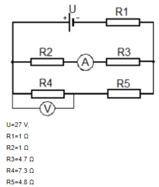 U=27 V,
R1=1 Q
R2=1Q
R3=4.7 Q
R4=7.3 Q
R5=4.8 Q
R1
R2
R3
(A)
R4
R5