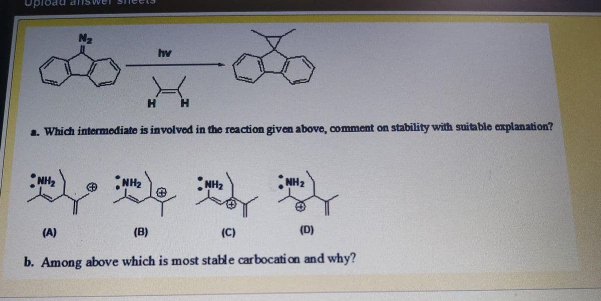 Upload all
N₂
hv
do + do
H H
a. Which intermediate is involved in the reaction given above, comment on stability with suitable explanation?
NH₂
NH₂
NH₂
NH₂
•
(A)
(D)
(B)
(C)
b. Among above which is most stable carbocation and why?
