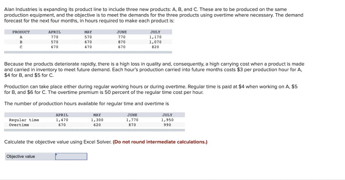 Alan Industries is expanding its product line to include three new products: A, B, and C. These are to be produced on the same
production equipment, and the objective is to meet the demands for the three products using overtime where necessary. The demand
forecast for the next four months, in hours required to make each product is:
PRODUCT
APRIL
МAY
JUNE
JULY
A
770
570
770
1,170
B
570
670
870
1,070
670
470
670
820
Because the products deteriorate rapidly, there is a high loss in quality and, consequently, a high carrying cost when a product is made
and carried in inventory to meet future demand. Each hour's production carried into future months costs $3 per production hour for A,
$4 for B, and $5 for C.
Production can take place either during regular working hours or during overtime. Regular time is paid at $4 when working on A, $5
for B, and $6 for C. The overtime premium is 50 percent of the regular time cost per hour.
The number of production hours available for regular time and overtime is
APRIL
МAY
JUNE
JULY
Regular time
Overtime
1,470
1,300
1,770
1,950
670
620
870
990
Calculate the objective value using Excel Solver. (Do not round intermediate calculations.)
Objective value
