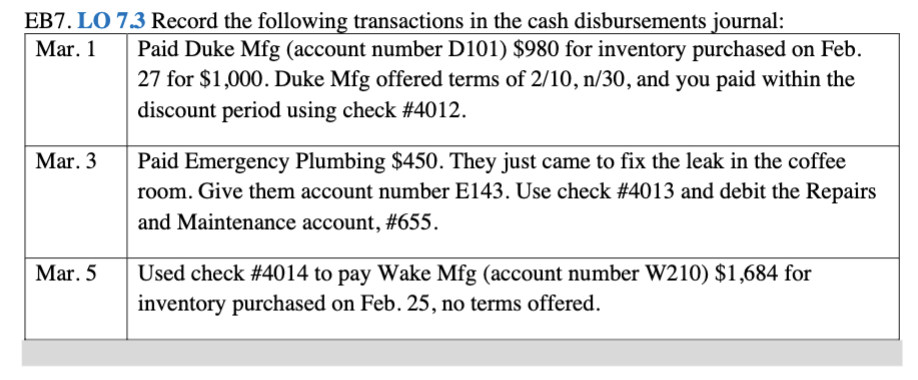 EB7. LO 7.3 Record the following transactions in the cash disbursements journal:
Paid Duke Mfg (account number D101) $980 for inventory purchased on Feb.
27 for $1,000. Duke Mfg offered terms of 2/10, n/30, and you paid within the
discount period using check #4012.
Mar. 1
Paid Emergency Plumbing $450. They just came to fix the leak in the coffee
room. Give them account number E143. Use check #4013 and debit the Repairs
and Maintenance account, #655.
Mar. 3
Used check #4014 to pay Wake Mfg (account number W210) $1,684 for
inventory purchased on Feb. 25, no terms offered.
Mar. 5
