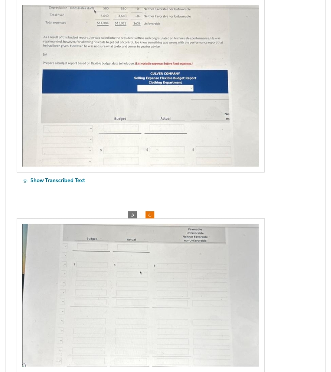 n
Depreciation-autos (sales staff)
Total fixed
Total expenses
580
Show Transcribed Text
4,640
$14,384
Budget
580
4,640
$15,022
As a result of this budget report, Joe was called into the president's office and congratulated on his fine sales performance. He was
reprimanded, however, for allowing his costs to get out of control. Joe knew something was wrong with the performance report that
he had been given. However, he was not sure what to do, and comes to you for advice.
(a)
Prepare a budget report based on flexible budget data to help Joe. (List variable expenses before fixed expenses)
-0- Neither Favorable nor Unfavorable
-0- Neither Favorable nor Unfavorable
$638 Unfavorable
Budget
CULVER COMPANY
Selling Expense Flexible Budget Report
Clothing Department
Actual
c
Actual
Favorable
Unfavorable
Neither Favorable
nor Unfavorable
Nei
nc