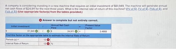 A company is considering investing in a new machine that requires an initial investment of $61,949. The machine will generate annual
net cash flows of $24,911 for the next three years. What is the internal rate of return of this machine? (PV of $1. FV of $1. PVA of $1, and
EVA of $1) (Use appropriate factor(s) from the tables provided.)
Initial investment
Answer is complete but not entirely correct.
Annual Net Cash
Flow
Periods (p)
Internal Rate of Return
Present Value
Factor
61,949
24,911
Find this factor on the appropriate table to estimate the Internal Rate of Return
12
12 %
2.4868