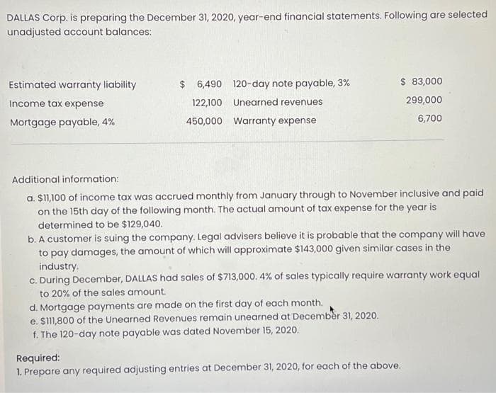 DALLAS Corp. is preparing the December 31, 2020, year-end financial statements. Following are selected
unadjusted account balances:
Estimated warranty liability
$ 6,490 120-day note payable, 3%
$ 83,000
Income tax expense
122,100
Unearned revenues
299,000
Mortgage payable, 4%
450,000
Warranty expense
6,700
Additional information:
a. $11,100 of income tax was accrued monthly from January through to November inclusive and paid
on the 15th day of the following month. The actual amount of tax expense for the year is
determined to be $129,040.
b. A customer is suing the company. Legal advisers believe it is probable that the company will have
to pay damages, the amount of which will approximate $143,000 given similar cases in the
industry.
c. During December, DALLAS had sales of $713,000. 4% of sales typically require warranty work equal
to 20% of the sales amount.
d. Mortgage payments are made on the first day of each month.
e. $111,800 of the Unearned Revenues remain unearned at December 31, 2020.
f. The 120-day note payable was dated November 15, 2020.
Required:
1. Prepare any required adjusting entries at December 31, 2020, for each of the above.