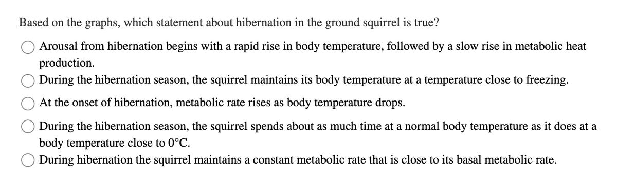 Based on the graphs, which statement about hibernation in the ground squirrel is true?
Arousal from hibernation begins with a rapid rise in body temperature, followed by a slow rise in metabolic heat
production.
During the hibernation season, the squirrel maintains its body temperature at a temperature close to freezing.
At the onset of hibernation, metabolic rate rises as body temperature drops.
During the hibernation season, the squirrel spends about as much time at a normal body temperature as it does at a
body temperature close to 0°C.
During hibernation the squirrel maintains a constant metabolic rate that is close to its basal metabolic rate.
