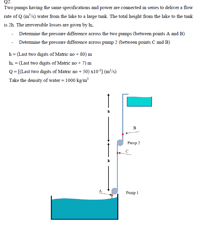 Q2:
Two pumps having the same specifications and power are connected in series to deliver a flow
rate of Q (m³/s) water from the lake to a large tank. The total height from the lake to the tank
is 2h. The irreversible losses are given by hl.
-
Determine the pressure difference across the two pumps (between points A and B)
Determine the pressure difference across pump 2 (between points C and B)
h = (Last two digits of Matric no +80) m
hr = (Last two digits of Matric no + 7) m
Q = [(Last two digits of Matric no + 50) x10-³] (m³/s)
Take the density of water = 1000 kg/m³
A
B
Pump 2
Pump 1