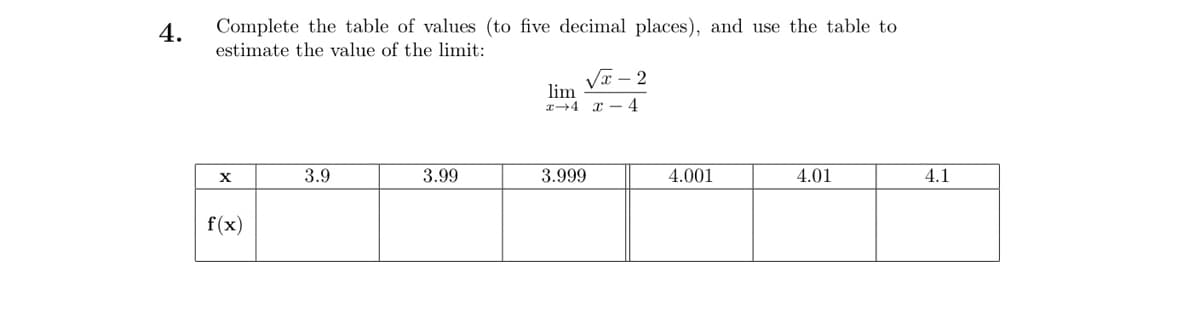 4.
Complete the table of values (to five decimal places), and use the table to
estimate the value of the limit:
X
f(x)
3.9
3.99
√x - 2
lim
x-4 x-4
3.999
4.001
4.01
4.1