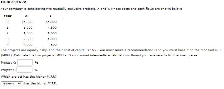 MIRR and NPV
Your company is considering two mutually exclusive projects, X and Y, whose costs and cash flows are shown below:
Year
Y
-$5,000
-$5,000
1
1,000
4,500
2
1,500
1,500
2,000
1,000
4
4,000
500
The projects are equally risky, and their cost of capital is 15%. You must make a recommendation, and you must base it on the modified IRR
(MIRR). Calculate the two projects' MIRRS. Do not round intermediate calculations. Round your answers to two decimal places.
Project X:
%
Project Y:
%
Which project has the higher MIRR?
-Select-
v has the higher MIRR.
