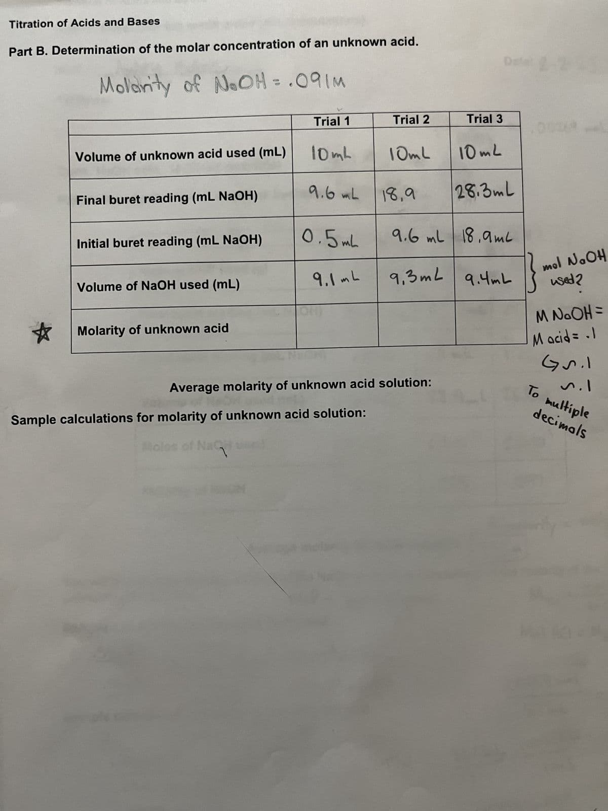 Titration of Acids and Bases
Part B. Determination of the molar concentration of an unknown acid.
Molarity of N₂OH = .09M
☆
Volume of unknown acid used (mL)
Final buret reading (mL NaOH)
Initial buret reading (mL NaOH)
Volume of NaOH used (mL)
Molarity of unknown acid
Trial 1
10mb
Moles
9.6 mL
0.5mL
9.1mL
(OH)
Sample calculations for molarity of unknown acid solution:
Trial 2
10mL
18,9
Average molarity of unknown acid solution:
Trial 3
10mL
28.3mL
9.6 ml 18.9ml
9,3mL 9.4mL
mol NaOH
used?
M N₂OH =
M acid = .1
Gril
To multiple
decimals