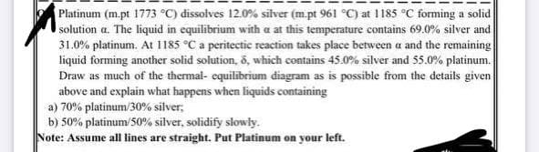 Platinum (m.pt 1773 °C) dissolves 12.0% silver (m.pt 961 °C) at 1185 °C forming a solid
solution a. The liquid in equilibrium with a at this temperature contains 69.0% silver and
31.0% platinum. At 1185 °C a peritectic reaction takes place between a and the remaining
liquid forming another solid solution, 5, which contains 45.0% silver and 55.0% platinum.
Draw as much of the thermal- equilibrium diagram as is possible from the details given
above and explain what happens when liquids containing
a) 70% platinum/30% silver;
b) 50% platinum/50% silver, solidify slowły.
Note: Assume all lines are straight. Put Platinum on your left.
