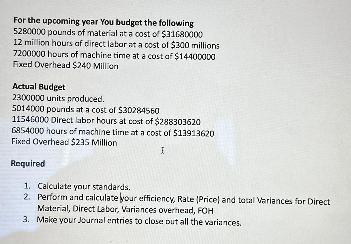 For the upcoming year You budget the following
5280000 pounds of material at a cost of $31680000
12 million hours of direct labor at a cost of $300 millions
7200000 hours of machine time at a cost of $14400000
Fixed Overhead $240 Million
Actual Budget
2300000 units produced.
5014000 pounds at a cost of $30284560
11546000 Direct labor hours at cost of $288303620
6854000 hours of machine time at a cost of $13913620
Fixed Overhead $235 Million
I
Required
1. Calculate your standards.
2. Perform and calculate your efficiency, Rate (Price) and total Variances for Direct
Material, Direct Labor, Variances overhead, FOH
3. Make your Journal entries to close out all the variances.