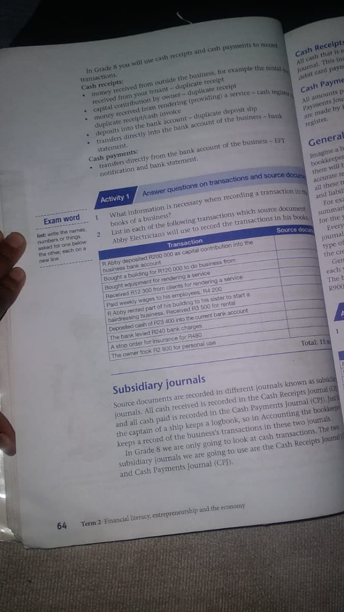 Exam word
list: write the names,
numbers or things
asked for one below
the other, each on a
new line
1
2
•
•
In Grade 8 you will use cash receipts and cash payments to record
transactions.
Cash receipts:
money received from outside the business, for example the rental y
received from your tenant - duplicate receipt
capital contribution by owner - duplicate receipt
you
money received from rendering (providing) a service-cash register
duplicate receipt/cash invoice
deposits into the bank account - duplicate deposit slip
transfers directly into the bank account of the business - bank
statement.
Cash payments:
transfers directly from the bank account of the business-EFT
notification and bank statement.
Activity 1
Answer questions on transactions and source docum
What information is necessary when recording a transaction in the
books of a business?
List in each of the following transactions which source document
Abby Electricians will use to record the transactions in his books
Transaction
R Abby deposited R200 000 as capital contribution into the
business bank account
Bought a building for R120 000 to do business from
Bought equipment for rendering a service
Received R12 300 from clients for rendering a service
Paid weekly wages to his employees, R4 200
R Abby rented part of his building to his sister to start a
hairdressing business. Received R3 500 for rental
Deposited cash of R23 400 into the current bank account
The bank levied R240 bank charges
A stop order for insurance for R480
The owner took R2 800 for personal use
Source docu
Cash Receipts
All cash that is r
Journal. This ind
debit card paym
Cash Payme
All amounts p
Payments Jou
are made by
register.
General
Imagine a b
bookkeeper
there will b
accurate re
all these t
and liabili
For exa
summar
for the
Every
journal
type of
the cre
Gen
each
The
R900
1
Total: 15m
Subsidiary journals
Source documents are recorded in different journals known as subsid
journals. All cash received is recorded in the Cash Receipts Journal (C
and all cash paid is recorded in the Cash Payments Journal (CPJ). Just
the captain of a ship keeps a logbook, so in Accounting the bookkeepe
keeps a record of the business's transactions in these two journals.
In Grade 8 we are only going to look at cash transactions. The two
subsidiary journals we are going to use are the Cash Receipts Journal
and Cash Payments Journal (CPJ).
64
Term 2 Financial literacy, entrepreneurship and the economy