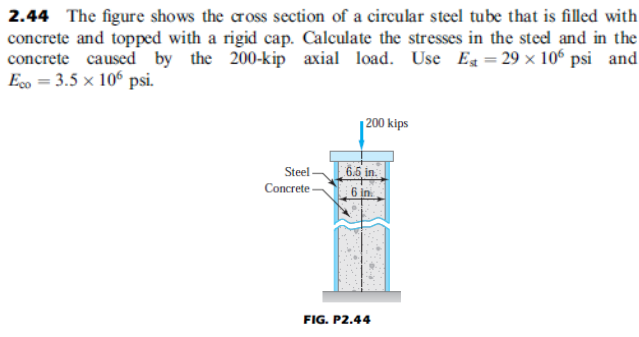 2.44 The figure shows the cross section of a circular steel tube that is filled with
concrete and topped with a rigid cap. Calculate the stresses in the steel and in the
concrete caused by the 200-kip axial load. Use Eg = 29 × 10° psi and
Eco = 3.5 x 10° psi.
| 200 kips
6.6 in.
Steel-
Concrete -
FIG. P2.44
