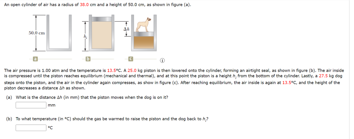 An open cylinder of air has a radius of 38.0 cm and a height of 50.0 cm, as shown in figure (a).
50.0 cm
The air pressure is 1.00 atm and the temperature is 13.5°C. A 25.0 kg piston is then lowered onto the cylinder, forming an airtight seal, as shown in figure (b). The air inside
is compressed until the piston reaches equilibrium (mechanical and thermal), and at this point the piston is a height h; from the bottom of the cylinder. Lastly, a 27.5 kg dog
steps onto the piston, and the air in the cylinder again compresses, as show in figure (c). After reaching equilibrium, the air inside is again at 13.5°C, and the height of the
piston decreases a distance Ah as shown.
(a) What is the distance Ah (in mm) that the piston moves when the dog is on it?
mm
(b) To what temperature (in °C) should the gas be warmed to raise the piston and the dog back to h;?
°C