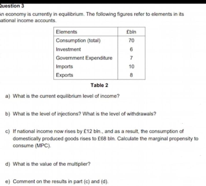 Question 3
An economy is currently in equilibrium. The following figures refer to elements in its
mational income accounts.
Elements
£bln
Consumption (total)
70
Investment
Government Expenditure
7
Imports
10
Exports
Table 2
a) What is the current equilibrium level of income?
b) What is the level of injections? What is the level of withdrawals?
c) If national income now rises by £12 bln., and as a result, the consumption of
domestically produced goods rises to £68 bln. Calculate the marginal propensity to
consume (MPC).
d) What is the value of the multiplier?
e) Comment on the results in part (c) and (d).
