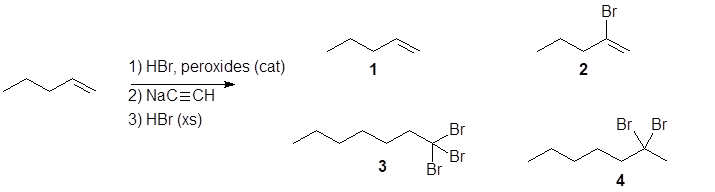 Br
1) HBr, peroxides (cat)
2) NaC=CH
3) HBr (xs)
Br
Br, Br
Br
Br
3
4
2.
3.
