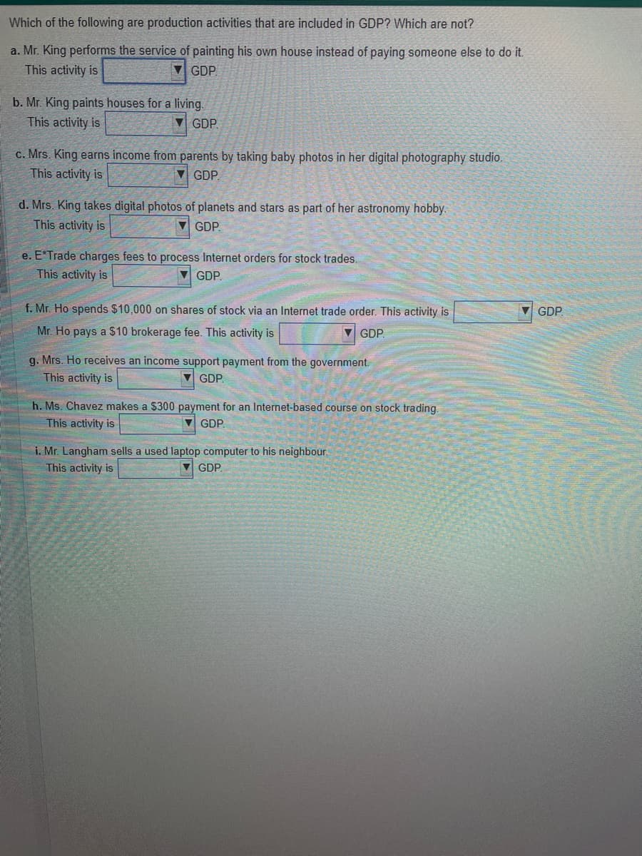 Which of the following are production activities that are included in GDP? Which are not?
a. Mr. King performs the service of painting his own house instead of paying someone else to do it.
This activity is
GDP
b. Mr. King paints houses for a living.
This activity is
GDP.
c. Mrs. King earns income from parents by taking baby photos in her digital photography studio.
This activity is
GDP.
d. Mrs. King takes digital photos of planets and stars as part of her astronomy hobby.
This activity is
GDP.
e. E*Trade charges fees to process Internet orders for stock trades.
This activity is
GDP.
f. Mr. Ho spends $10,000 on shares of stock via an Internet trade order. This activity is
Mr. Ho pays a $10 brokerage fee. This activity is
GDP
g. Mrs. Ho receives an income support payment from the government.
This activity is
GDP.
h. Ms. Chavez makes a $300 payment for an Internet-based course on stock trading.
This activity is
▼ GDP.
i. Mr. Langham sells a used laptop computer to his neighbour.
This activity is
GDP.
GDP