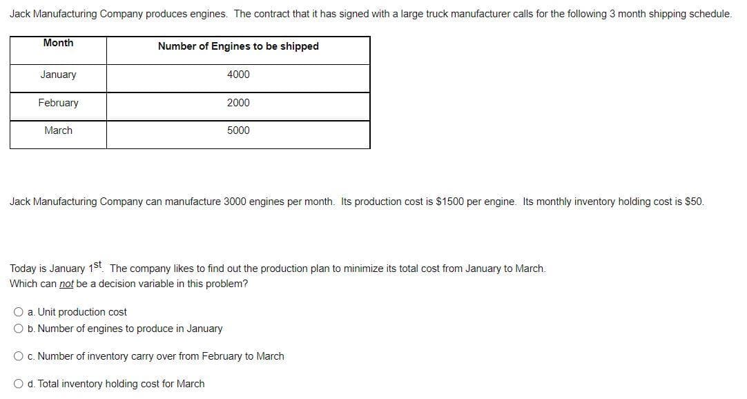 Jack Manufacturing Company produces engines. The contract that it has signed with a large truck manufacturer calls for the following 3 month shipping schedule.
Month
Number of Engines to be shipped
January
4000
February
2000
March
5000
Jack Manufacturing Company can manufacture 3000 engines per month. Its production cost is $1500 per engine. Its monthly inventory holding cost is $50.
Today is January 1st The company likes to find out the production plan to minimize its total cost from January to March.
Which can not be a decision variable in this problem?
O a. Unit production cost
O b. Number of engines to produce in January
O. Number of inventory carry over from February to March
O d. Total inventory holding cost for March
