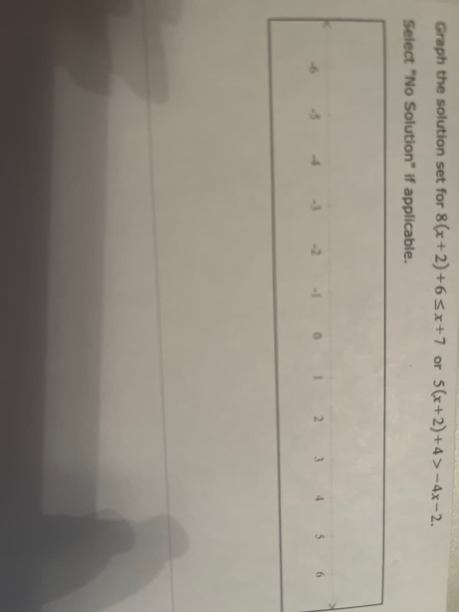 Graph the solution set for 8(x+2)+6≤x+7 or 5(x+2)+4>-4x-2.
Select "No Solution" if applicable.
S
6