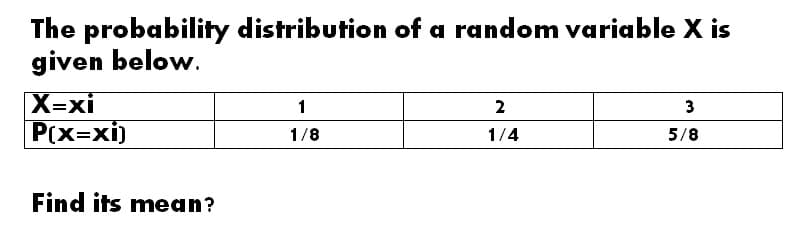 The probability distribution of a random variable X is
given below.
X=xi
P(x=xi)
Find its mean?
1
1/8
2
1/4
3
5/8