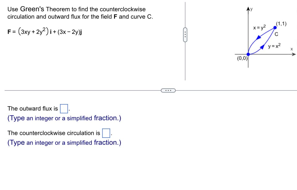 Use Green's Theorem to find the counterclockwise
circulation and outward flux for the field F and curve C.
F=
(3xy + 2y2)i + (3x-2y)j
The outward flux is
(Type an integer or a simplified fraction.)
The counterclockwise circulation is.
(Type an integer or a simplified fraction.)
C
(0,0)
x=y²
(1,1)
C
y=x²