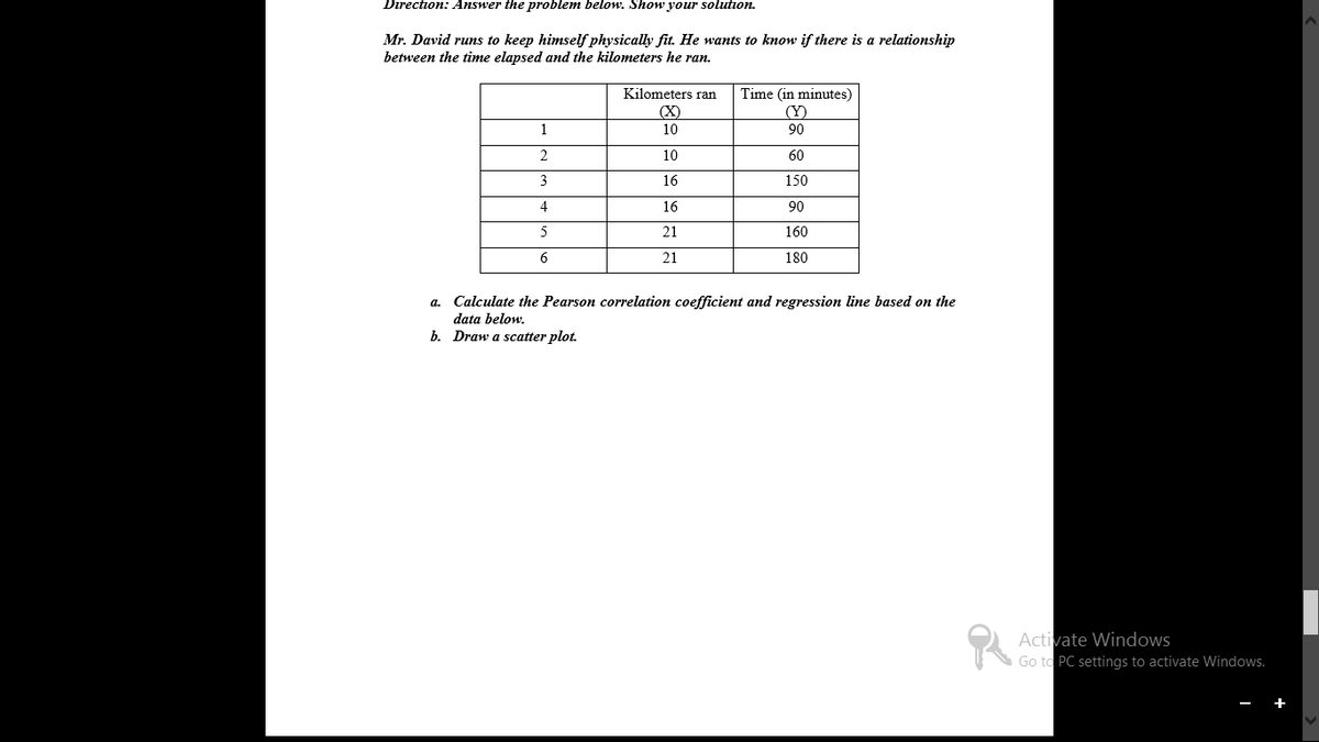 Direction: Answer the problem below. Show your solution.
Mr. David runs to keep himself physically fit. He wants to know if there is a relationship
between the time elapsed and the kilometers he ran.
Kilometers ran
Time (in minutes)
(X)
(Y)
1
10
90
2
10
60
3
16
150
4
16
90
5
21
160
21
180
a. Calculate the Pearson correlation coefficient and regression line based on the
data below,
b. Draw a scatter plot.
Activate Windows
N Go to PC settings to activate Windows.
