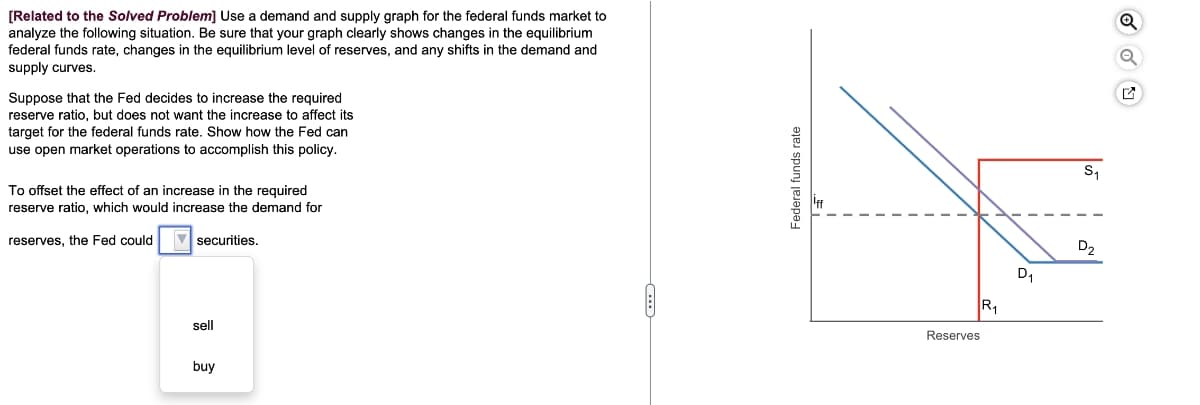 [Related to the Solved Problem] Use a demand and supply graph for the federal funds market to
analyze the following situation. Be sure that your graph clearly shows changes in the equilibrium
federal funds rate, changes in the equilibrium level of reserves, and any shifts in the demand and
supply curves.
Suppose that the Fed decides to increase the required
reserve ratio, but does not want the increase to affect its
target for the federal funds rate. Show how the Fed can
use open market operations to accomplish this policy.
To offset the effect of an increase in the required
reserve ratio, which would increase the demand for
reserves, the Fed could
securities.
sell
buy
--
Federal funds rate
D2
D₁
R₁
Reserves
S₁
Q