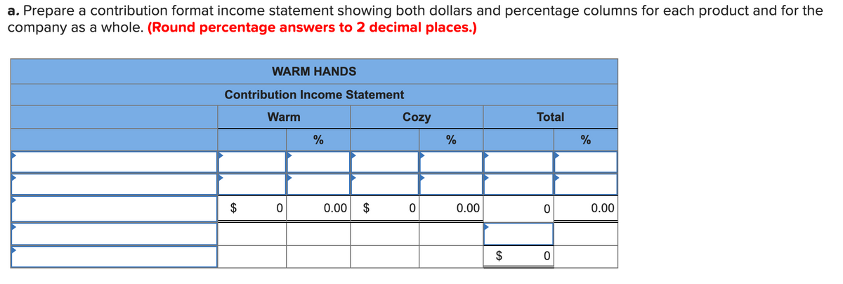 a. Prepare a contribution format income statement showing both dollars and percentage columns for each product and for the
company as a whole. (Round percentage answers to 2 decimal places.)
WARM HANDS
Contribution Income Statement
Warm
Total
%
0
0
$
0.00 $
Cozy
0
%
0.00
$
O
%
0.00