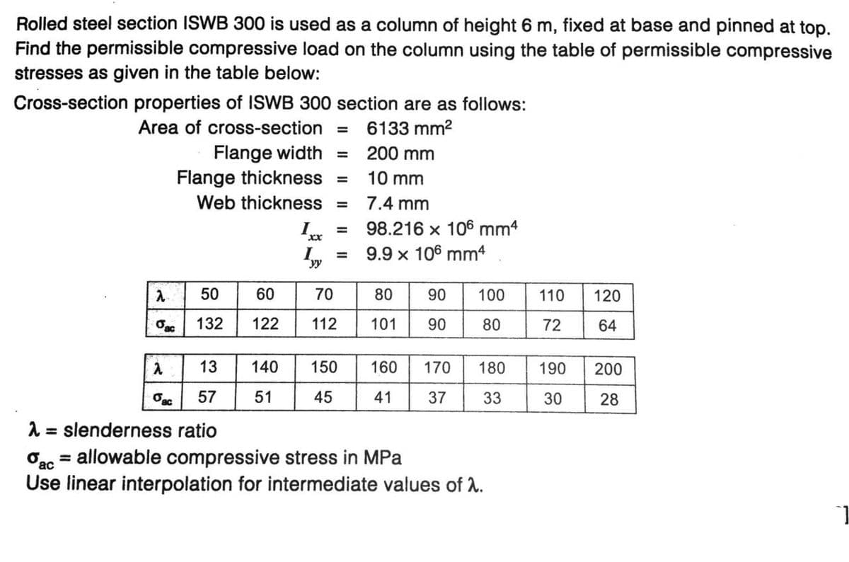 Rolled steel section ISWB 300 is used as a column of height 6 m, fixed at base and pinned at top.
Find the permissible compressive load on the column using the table of permissible compressive
stresses as given in the table below:
Cross-section properties of ISWB 300 section are as follows:
Area of cross-section =
6133 mm²
Flange width=
200 mm
10 mm
7.4 mm
2
dac
λ
Osc
Flange thickness
Web thickness =
50
132
13
57
2
= slenderness ratio
60
122
=
1xx
Lyy
=
=
70
112
98.216 x 106 mm4
9.9 x 106 mm4
80
101
90 100
90
80
140 150 160 170 180
51
45
41
37
33
ac = allowable compressive stress in MPa
Use linear interpolation for intermediate values of λ.
110
72
190
30
120
64
200
28