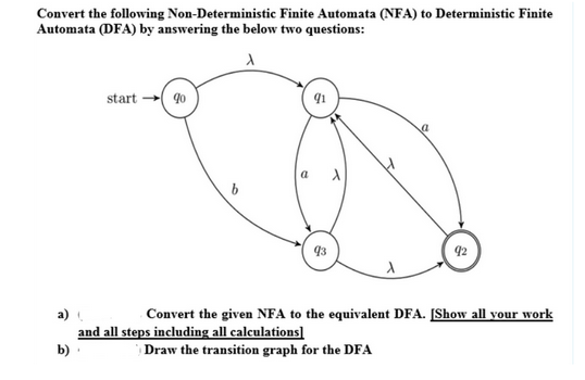 Convert the following Non-Deterministic Finite Automata (NFA) to Deterministic Finite
Automata (DFA) by answering the below two questions:
A
start 90
91
a
92
a) (
Convert the given NFA to the equivalent DFA. [Show all your work
and all steps including all calculations]
b).
Draw the transition graph for the DFA