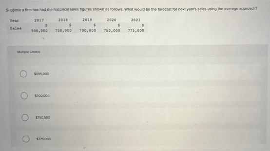 Suppose a firm has had the historical sales figures shown as follows. What would be the forecast for next year's sales using the average approach?
Year
2017
2018
Sales
$
750,000
500,000
Multiple Choice
O
$695,000
$700,000
$750,000
$775.000
2019
$
700,000
2020
$
750,000
2021
$
775,000