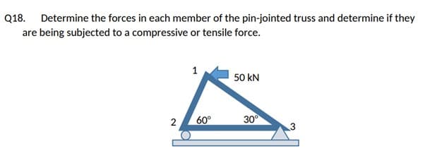 Q18. Determine the forces in each member of the pin-jointed truss and determine if they
are being subjected to a compressive or tensile force.
N
1
60°
50 kN
30°