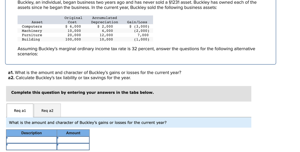 Buckley, an individual, began business two years ago and has never sold a §1231 asset. Buckley has owned each of the
assets since he began the business. In the current year, Buckley sold the following business assets:
Original
Accumulated
Gain/Loss
Depreciation
$ 2,000
4,000
12,000
10,000
Asset
Cost
Computers
Machinery
Furniture
$ 6,000
10,000
20,000
100,000
$ (3,000)
(2,000)
7,000
(1,000)
Building
Assuming Buckley's marginal ordinary income tax rate is 32 percent, answer the questions for the following alternative
scenarios:
a1. What is the amount and character of Buckley's gains or losses for the current year?
a2. Calculate Buckley's tax liability or tax savings for the year.
Complete this question by entering your answers in the tabs below.
Req a1
Req a2
What is the amount and character of Buckley's gains or losses for the current year?
Description
Amount
