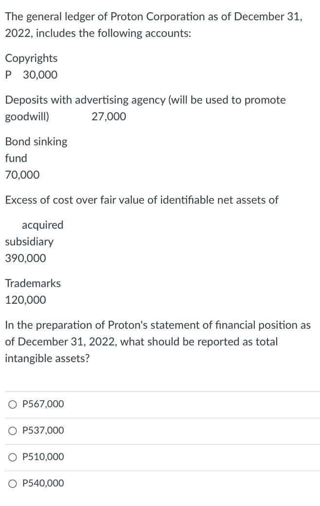 The general ledger of Proton Corporation as of December 31,
2022, includes the following accounts:
Copyrights
P 30,000
Deposits with advertising agency (will be used to promote
goodwill)
27,000
Bond sinking
fund
70,000
Excess of cost over fair value of identifiable net assets of
acquired
subsidiary
390,000
Trademarks
120,000
In the preparation of Proton's statement of financial position as
of December 31, 2022, what should be reported as total
intangible assets?
O P567,000
O P537,000
O P510,000
O P540,000