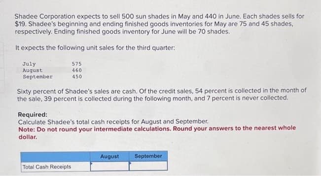 Shadee Corporation expects to sell 500 sun shades in May and 440 in June. Each shades sells for
$19. Shadee's beginning and ending finished goods inventories for May are 75 and 45 shades,
respectively. Ending finished goods inventory for June will be 70 shades.
It expects the following unit sales for the third quarter:
July
August
September
575
460
450
Sixty percent of Shadee's sales are cash. Of the credit sales, 54 percent is collected in the month of
the sale, 39 percent is collected during the following month, and 7 percent is never collected.
Required:
Calculate Shadee's total cash receipts for August and September.
Note: Do not round your intermediate calculations. Round your answers to the nearest whole
dollar.
Total Cash Receipts
August
September