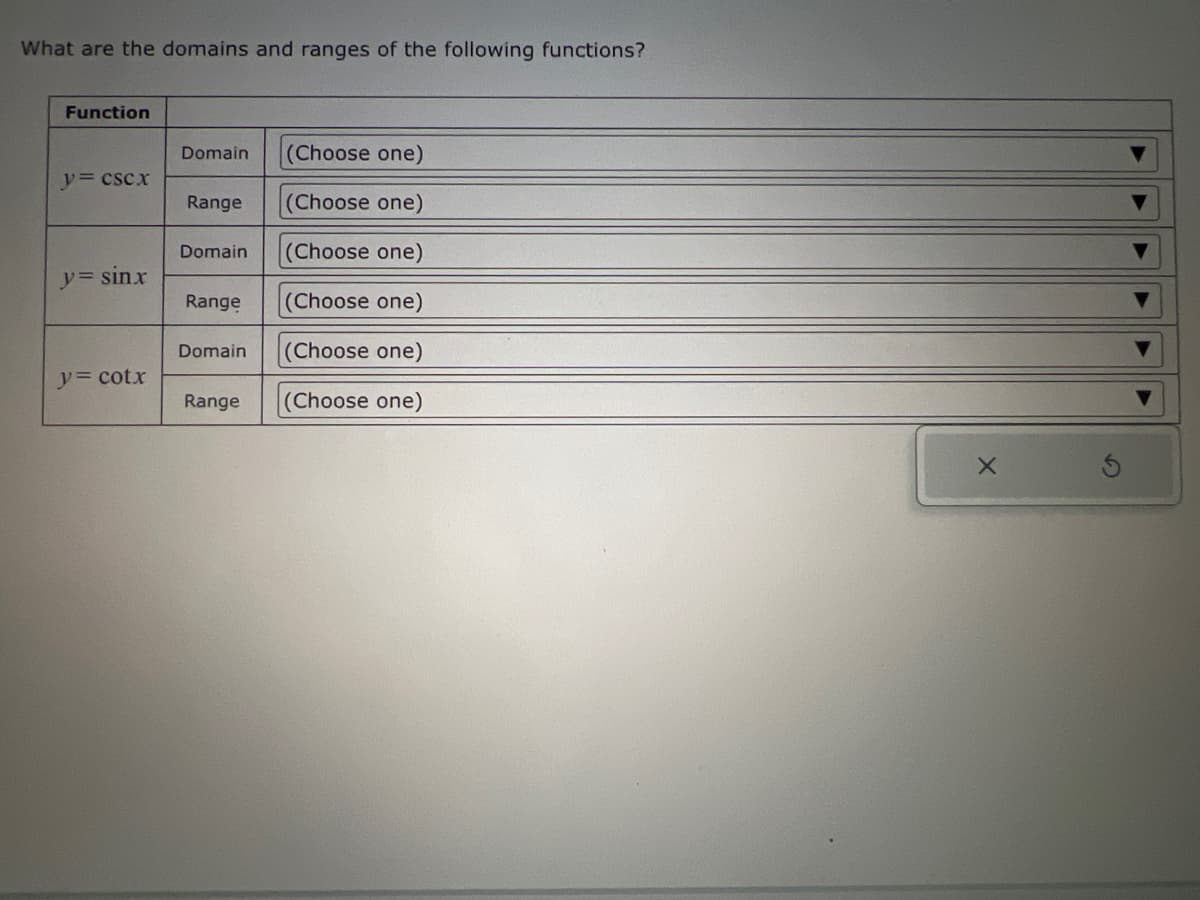 What are the domains and ranges of the following functions?
Function
Domain
(Choose one)
y= cscx
Range
(Choose one)
Domain
(Choose one)
y= sinx
Range
(Choose one)
Domain
(Choose one)
y= cotx
Range
(Choose one)