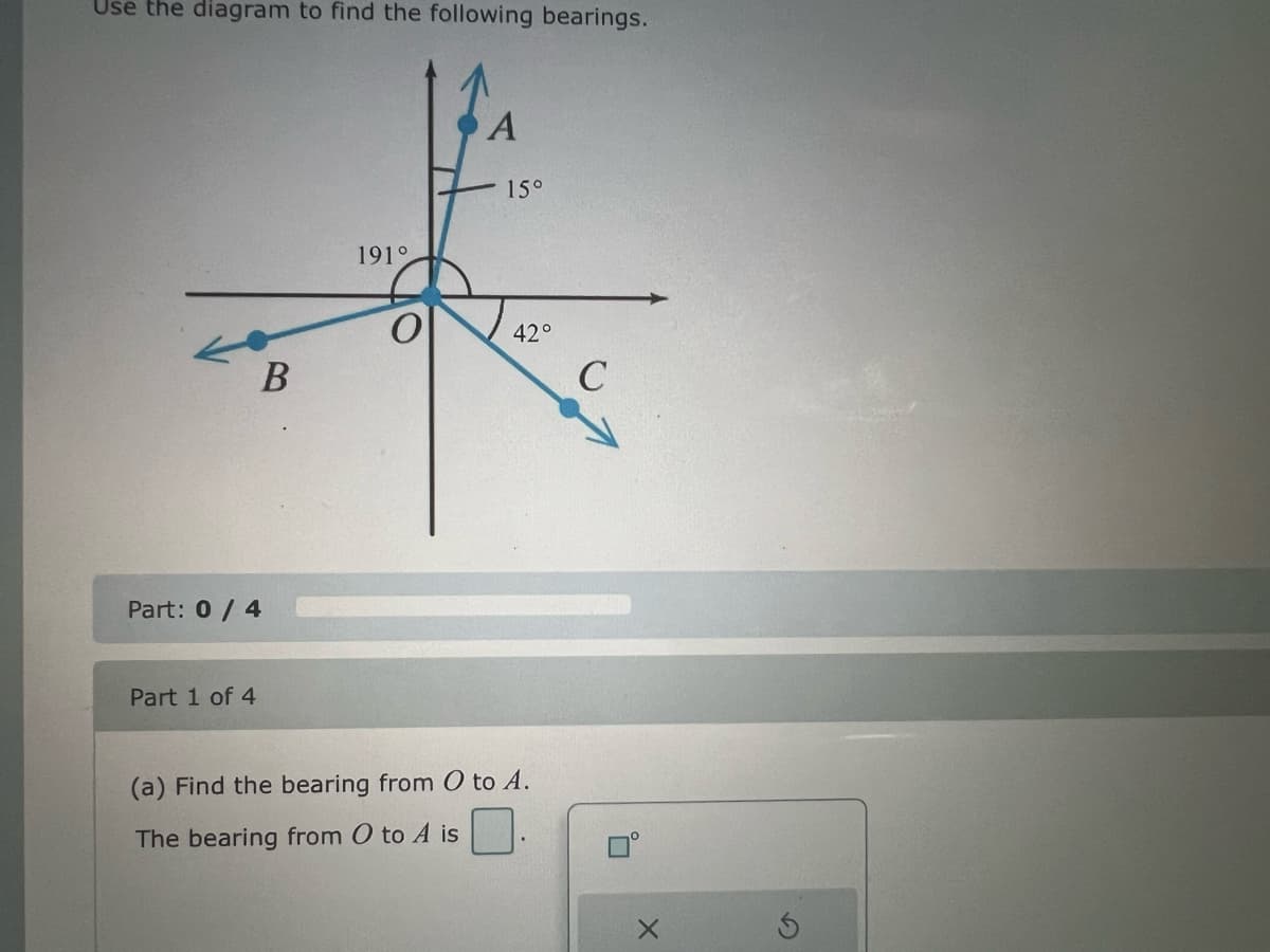 Use the diagram to find the following bearings.
Part: 0 / 4
Part 1 of 4
B
191°
A
15°
(a) Find the bearing from O to A.
The bearing from O to A is
42°
C
X
G