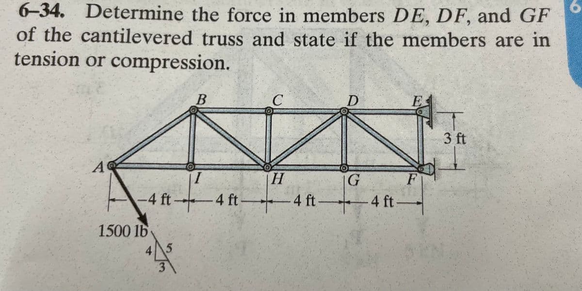 6-34. Determine the force in members DE, DF, and GF
truss and state if the members are in
of the cantilevered
tension or compression.
A
I
-4 ft 4 ft-
A
1500 lb
B
4 5
3
C
H
-4 ft-
D
G
- 4 ft
E
F
1+
3 ft