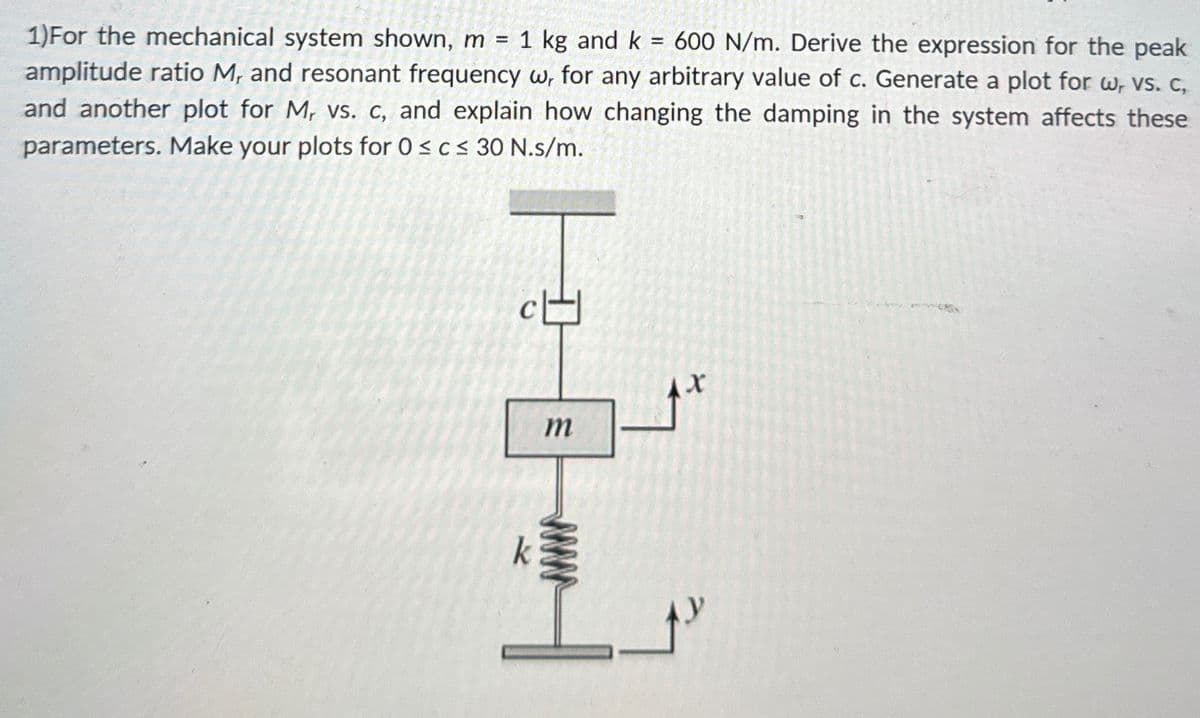 1)For the mechanical system shown, m = 1 kg and k = 600 N/m. Derive the expression for the peak
amplitude ratio M, and resonant frequency w, for any arbitrary value of c. Generate a plot for w, vs. c,
and another plot for M, vs. c, and explain how changing the damping in the system affects these
parameters. Make your plots for 0 ≤ c≤ 30 N.s/m.
m
12
x
www
K