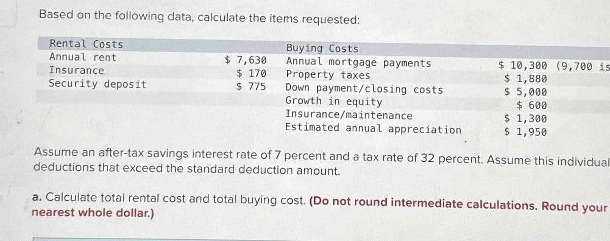 Based on the following data, calculate the items requested:
Rental Costs
Buying Costs
Annual rent
Insurance
$ 7,630
Annual mortgage payments
$ 170
Property taxes
Security deposit
$ 775
Down payment/closing costs
Growth in equity
$ 10,300 (9,700 is
$ 1,880
$ 5,000
$ 600
Insurance/maintenance
Estimated annual appreciation
$ 1,300
$ 1,950
Assume an after-tax savings interest rate of 7 percent and a tax rate of 32 percent. Assume this individual
deductions that exceed the standard deduction amount.
a. Calculate total rental cost and total buying cost. (Do not round intermediate calculations. Round your
nearest whole dollar.)