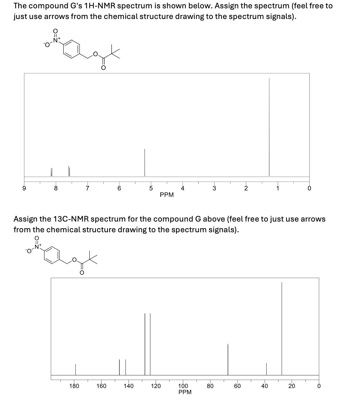 The compound G's 1H-NMR spectrum is shown below. Assign the spectrum (feel free to
just use arrows from the chemical structure drawing to the spectrum signals).
.N*
9
8
7
6
5
4
3
PPM
-2
Assign the 13C-NMR spectrum for the compound G above (feel free to just use arrows
from the chemical structure drawing to the spectrum signals).
кадж
180
160
140
120
100
PPM
80
60
40
20
-0