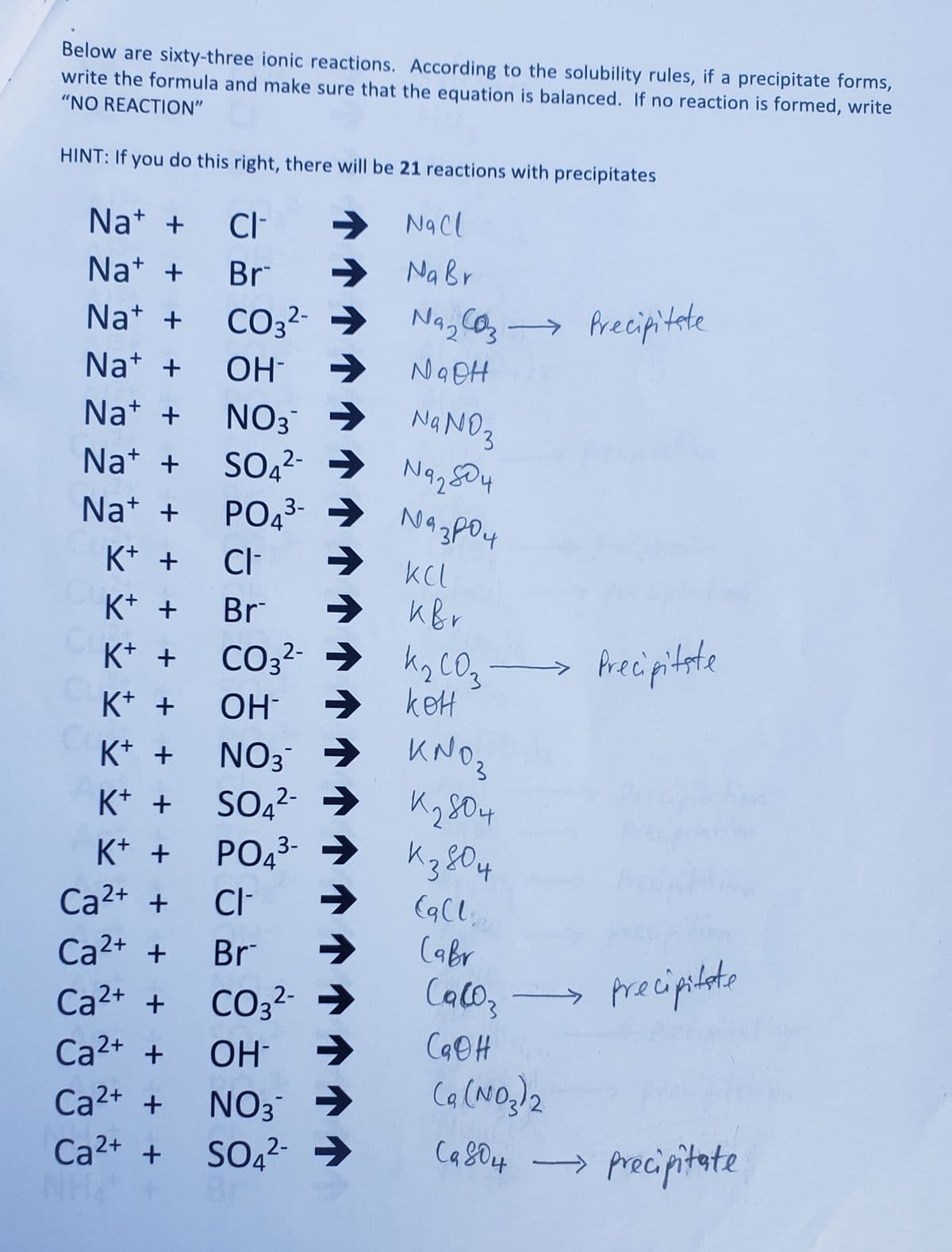 Below are sixty-three ionic reactions. According to the solubility rules, if a precipitate forms,
write the formula and make sure that the equation is balanced. If no reaction is formed, write
"NO REACTION"
HINT: If you do this right, there will be 21 reactions with precipitates
Na+ + CI-
NaCl
Na+ +
Br
→ Na Br
Na+ +
CO3²- → Na₂CO3 → Precipitate
2-
Na+ +
NaOH
Na+ +
Na+ +
Na+ +
K+ +
K+ +
K+ +
K+ +
K+ +
K+ +
K+ +
Ca²+ +
Ca²+ +
Ca²+ +
Ca²+ +
Ca²+ +
Ca²+ +
ОН-
NO3 →
NaNO3
SO4²- → Na₂04
2-
PO4³- →
3-
CI-
Br →
CO3²- →
2-
ОН-
NO 3¯
SO4²-
SO4²- →
N43P04
зроч
KCL
ква
→ кон
CI-
Br
CO3²- →
OH
NO3 ->
SO4²- →
2-
K₂ CO₂ →
касоз
KNO₂
К2804
PO4³-→ K3804
3-
→
Eg CL₂
Cabr
Precipitate
precipitate
Ca(03
CaOH
(a (NO₂)2
Ca804 precipitate