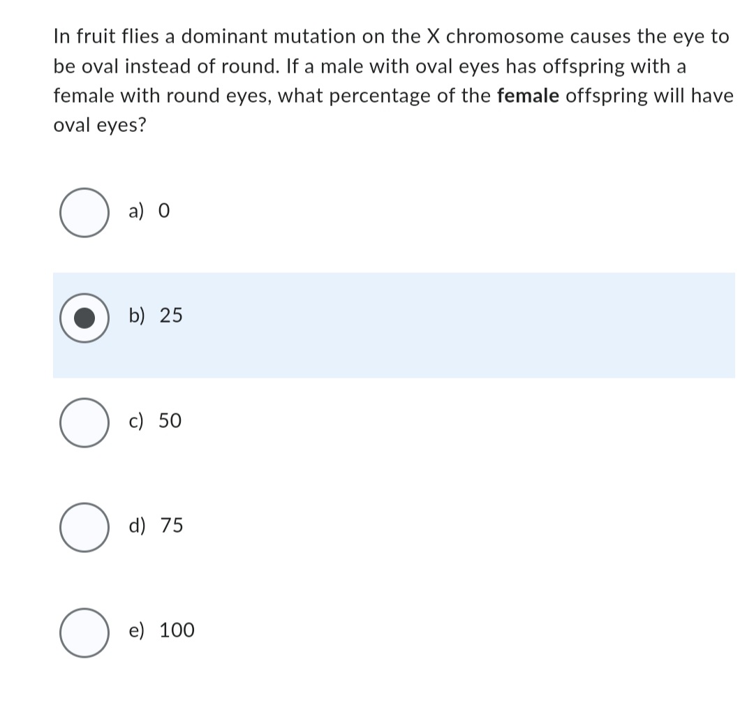In fruit flies a dominant mutation on the X chromosome causes the eye to
be oval instead of round. If a male with oval eyes has offspring with a
female with round eyes, what percentage of the female offspring will have
oval eyes?
O
O
O
O
a) 0
b) 25
c) 50
d) 75
e) 100
