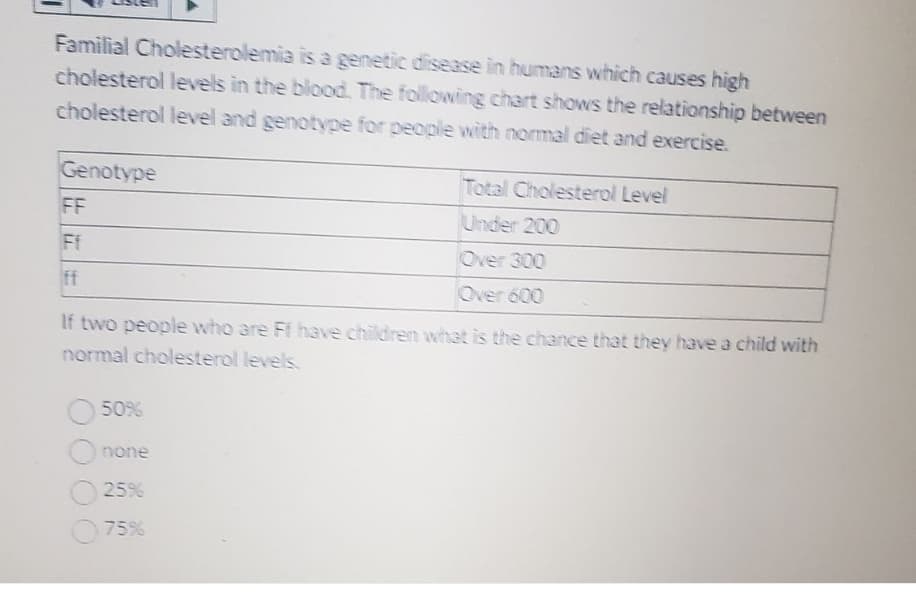 Familial Cholesterolemia is a genetic disease in humans which causes high
cholesterol levels in the blood. The following chart shows the relationship between
cholesterol level and genotype for people with normal diet and exercise.
Genotype
FF
Ff
ff
If two people who are Ft have children what is the chance that they have a child with
normal cholesterol levels.
50%
none
Total Cholesterol Level
Under 200
Over 300
Over 600
25%
75%
