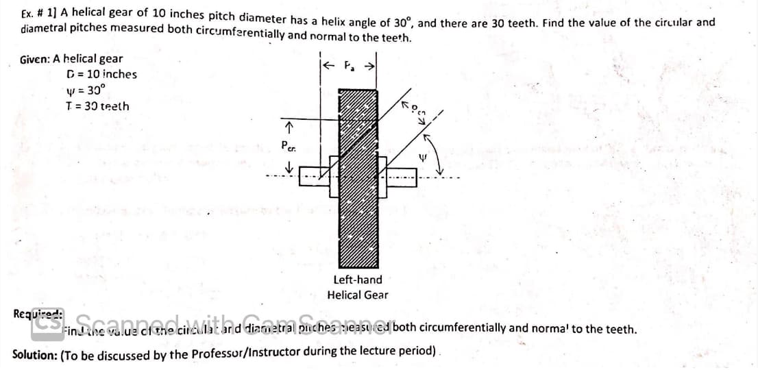 Ex. # 1] A helical gear of 10 inches pitch diameter has a helix angle of 30°, and there are 30 teeth. Find the value of the circular and
diametral pitches measured both circumferentially and normal to the teeth.
Given: A helical gear
Required:
D = 10 inches
y = 30°
T= 30 teeth
个
Per.
Left-hand
Helical Gear
W
Find the value of the circulat and diametral puches pleasured both circumferentially and normal to the teeth.
Scanned with
Solution: (To be discussed by the Professor/Instructor during the lecture period).