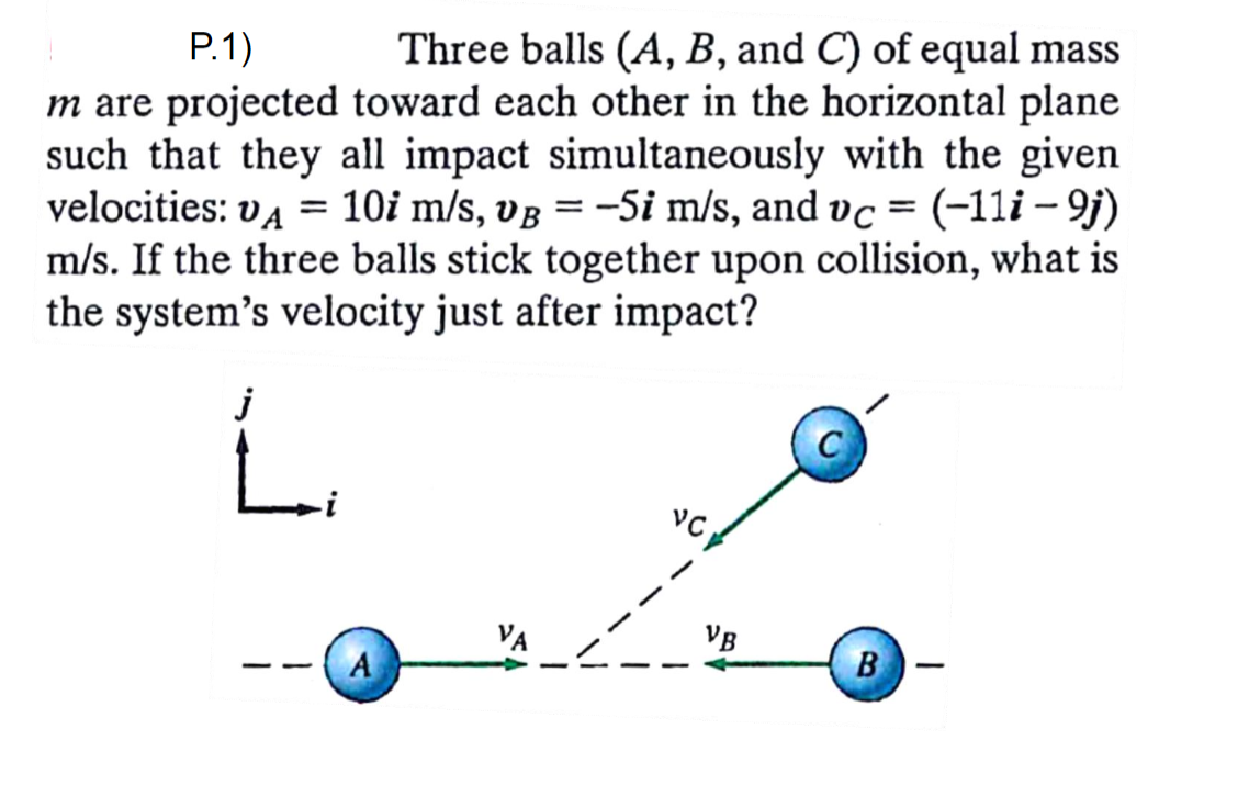 P.1)
Three balls (A, B, and C) of equal mass
m are projected toward each other in the horizontal plane
such that they all impact simultaneously with the given
velocities: vA = 10i m/s, vg = -5i m/s, and vc = (-11i – 9j)
m/s. If the three balls stick together upon collision, what is
the system's velocity just after impact?
j
VA
VB
--
|

